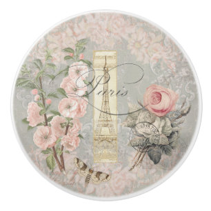 Pomo De Cerámica Floral rosa Rubor París vintage Ephemera francesa