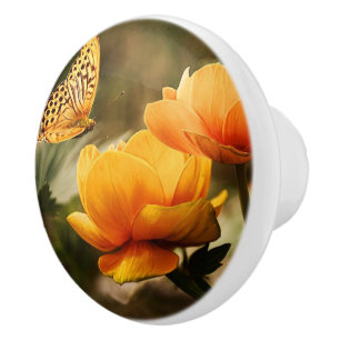 Pomo De Cerámica Flores amarillas profundas brillantes con mariposa