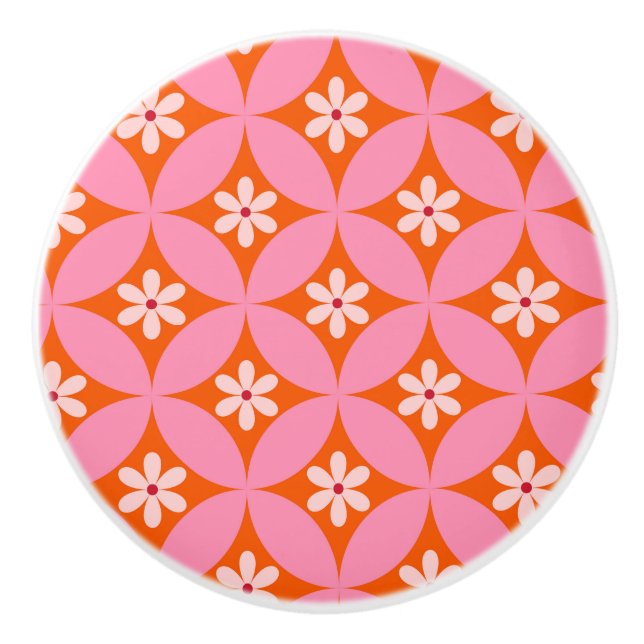 Pomo De Cerámica Flores blancas en el patrón de círculos rosados de (Anverso)