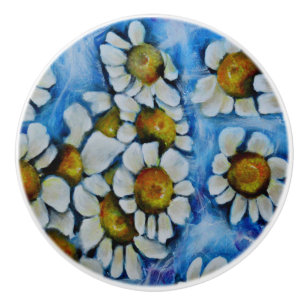 Pomo De Cerámica Flores blancas en un fondo azul