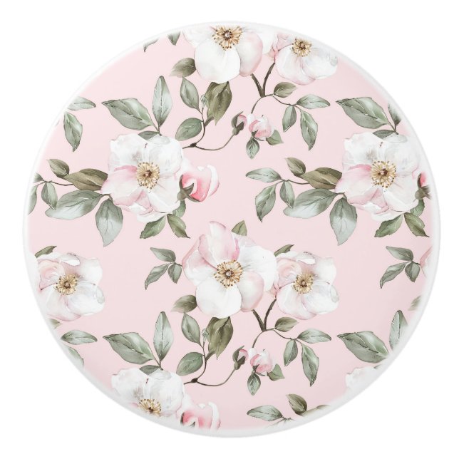 Pomo De Cerámica Flores blancas rosadas bonitas (Anverso)