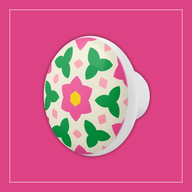 Pomo De Cerámica Flores botánicas rosadas calientes en floral geomé (Subido por el creador)