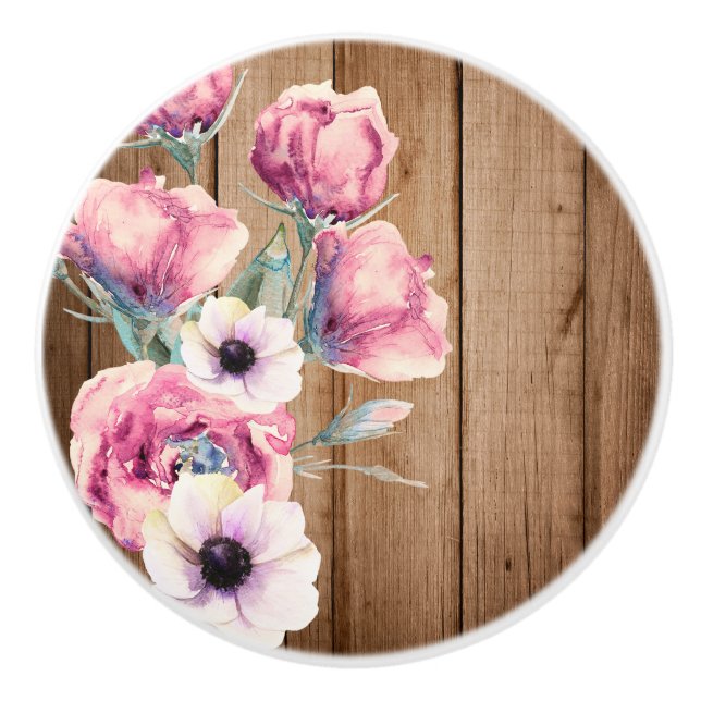 Pomo De Cerámica Flores Campestres Madera Rústica de Granero (Anverso)