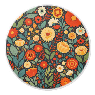 Pomo De Cerámica Flores de arte popular azules y naranjas