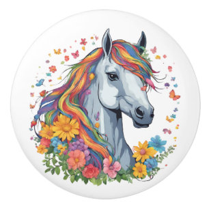Pomo De Cerámica Flores de caballo blanco arco iris coloridas habit