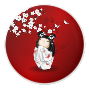 Pomo De Cerámica Flores de cerezo blanco rojo de muñeca Kokeshi