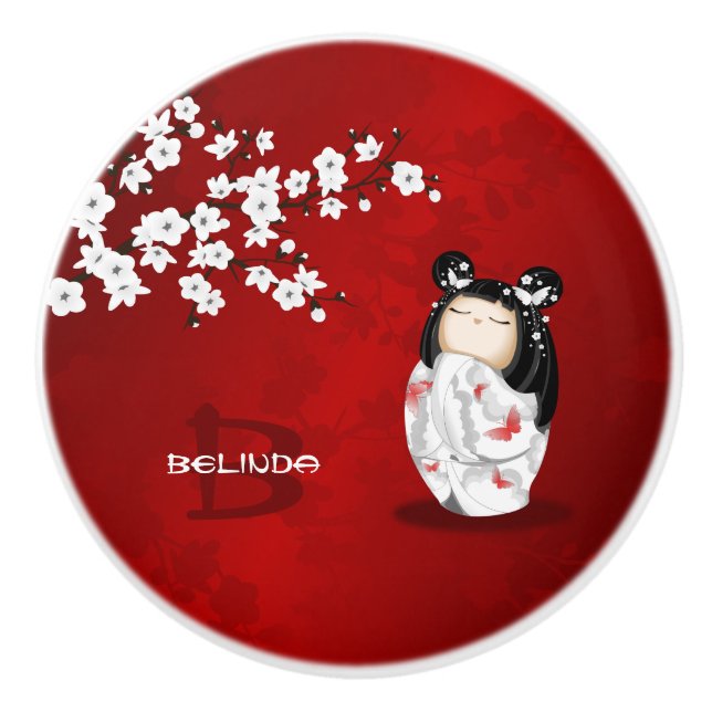 Pomo De Cerámica Flores de cerezo blanco rojo de muñeca Kokeshi (Anverso)