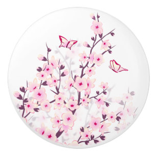 Pomo De Cerámica Flores de cerezo mariposas rosa blanco