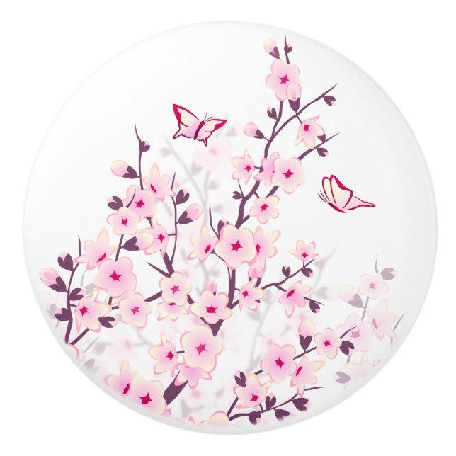 Pomo De Cerámica Flores de cerezo mariposas rosa blanco (Anverso)