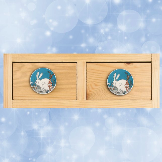 Pomo De Cerámica Flores de conejo blanco ventilado elegantes (Fluffly white sitting bunny rabbit in flowers on drawer knob pull.)