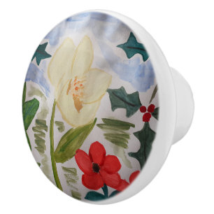 Pomo De Cerámica Flores de invierno y acebo