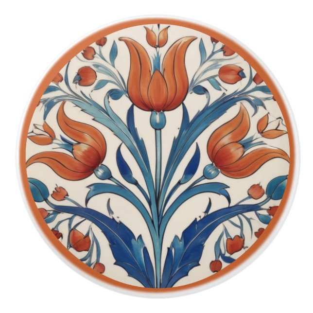 Pomo De Cerámica Flores de Iznik verdes Naranja floral de tulipanes (Anverso)