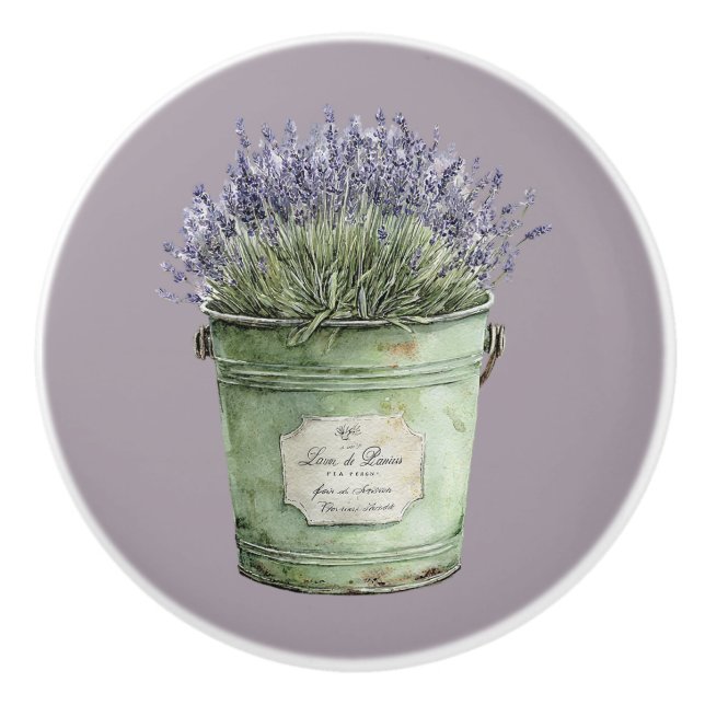 Pomo De Cerámica Flores de lavanda en cubeta verde (Anverso)
