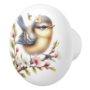 Pomo De Cerámica Flores de pájaro amarillo gris marrón