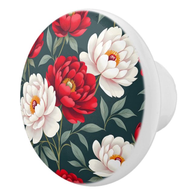 Pomo De Cerámica flores de peonía rojas y blancas (Derecha)