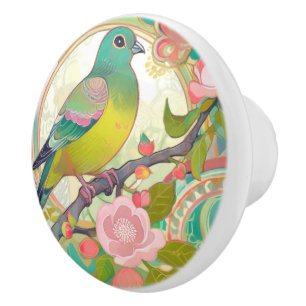 Pomo De Cerámica Flores de primavera floral rosa de pichón verde Aq