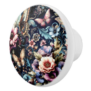 Pomo De Cerámica Flores de primavera y mariposas antiguas