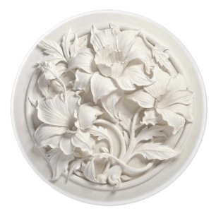 Pomo De Cerámica Flores de relieve falsas blancas elegantes