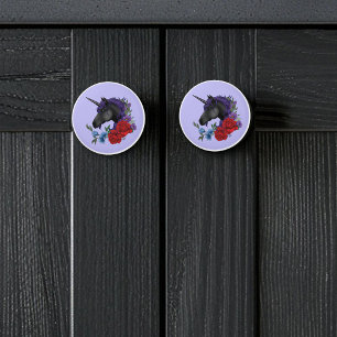 Pomo De Cerámica Flores de unicornio negras moradas