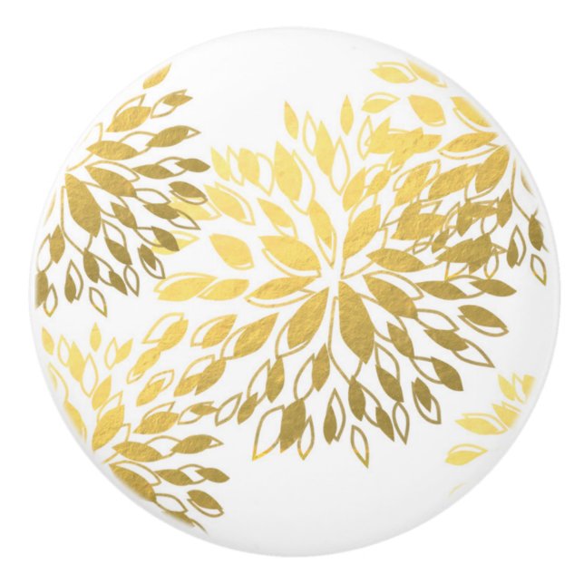 Pomo De Cerámica Flores Florales Modernas de Hoja de Oro Blanco (Anverso)