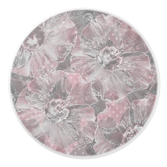 Pomo De Cerámica Flores grandes de estilo gris rosa (Anverso)