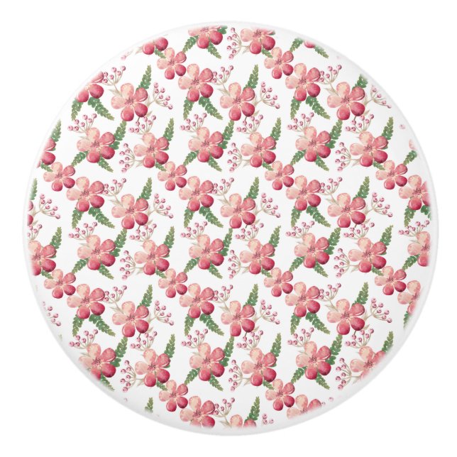 Pomo De Cerámica Flores rojas y bayas con hojas verdes (Anverso)