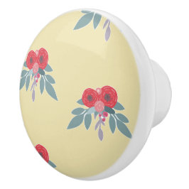 Pomo De Cerámica Flores rojas y hojas verdes en marrón