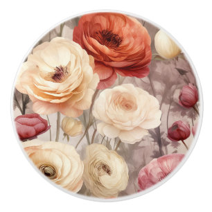 Pomo De Cerámica Flores románticas de ranúnculo rojas crema