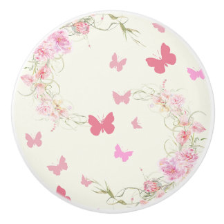 Pomo De Cerámica Flores rosadas, mariposas, fondo rosa pálido