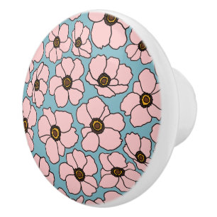 Pomo De Cerámica Flores rosadas sobre azul turquesa