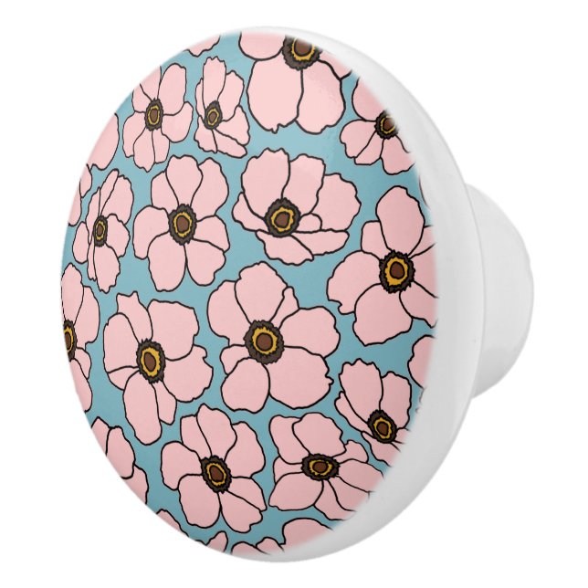 Pomo De Cerámica Flores rosadas sobre azul turquesa (Derecha)