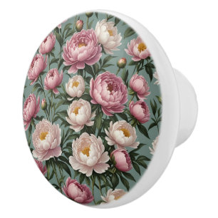 Pomo De Cerámica Flores rosadas y blancas Peony