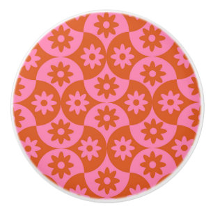 Pomo De Cerámica Flores rosadas y naranjas en vieira de mediados de