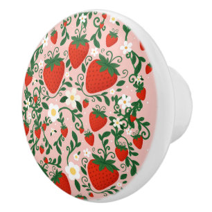 Pomo De Cerámica Flores rosadas y rojas Vides de fresa lindas