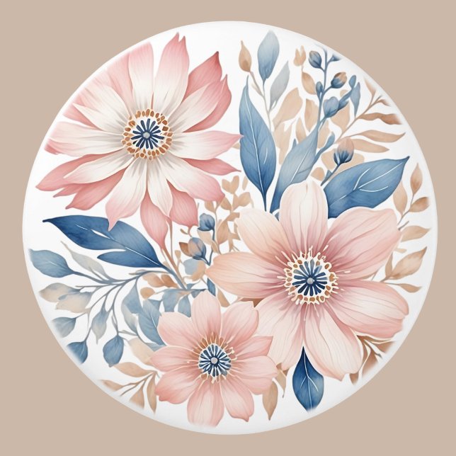 Pomo De Cerámica Flores rosas dulces Azul Beige Boho Floral (Subido por el creador)