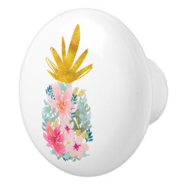 Pomo De Cerámica Flores tropicales rosas y piña dorada