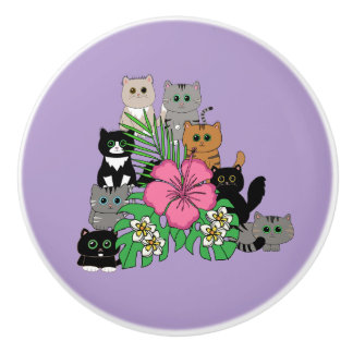 Pomo De Cerámica Flores tropicales y gatos kawaii