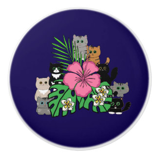 Pomo De Cerámica Flores tropicales y gatos Kawaii