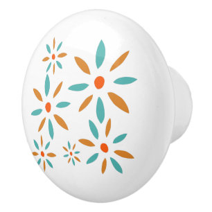 Pomo De Cerámica Flores Turquesa Azul Y Naranja De Mitad De Siglo