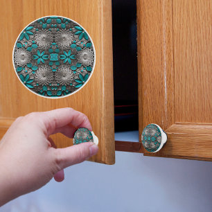 Pomo De Cerámica Flores turquesa y plateada