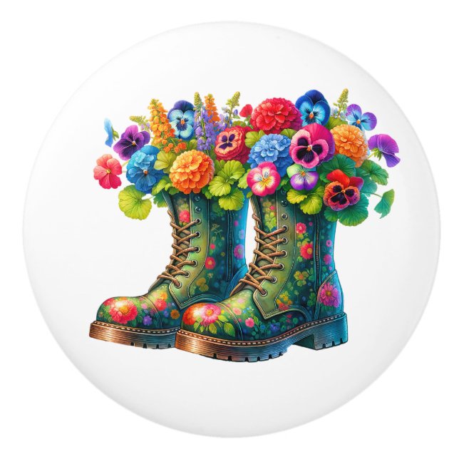 Pomo De Cerámica Flores y botas de jardín (Anverso)