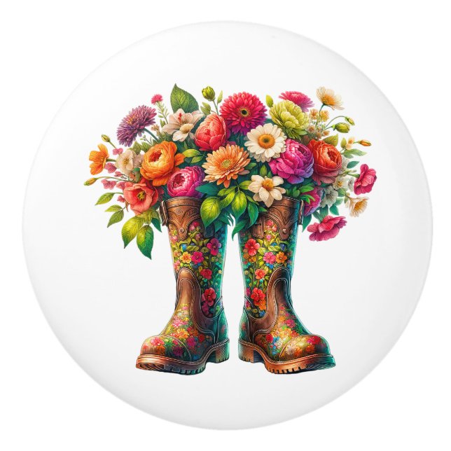 Pomo De Cerámica Flores y botas de jardín (Anverso)