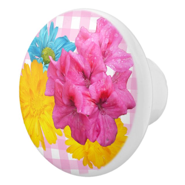Pomo De Cerámica Flores y Gingham rosa (Derecha)