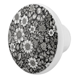 Pomo De Cerámica Flores y hojas negras y blancas