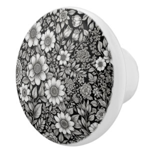 Pomo De Cerámica Flores y hojas negras y blancas