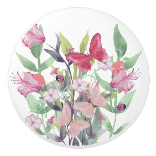 Pomo De Cerámica Flores y mariposas rosadas y rojas de la acuarela