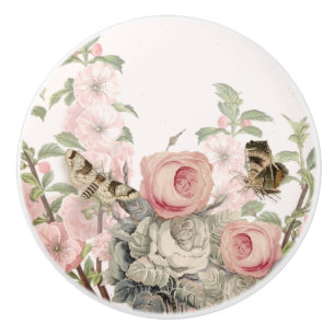 Pomo De Cerámica Foliage floral rosa Rubor de mariposa francesa vin