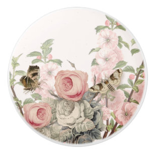 Pomo De Cerámica Foliage floral rosa Rubor de mariposa francesa vin