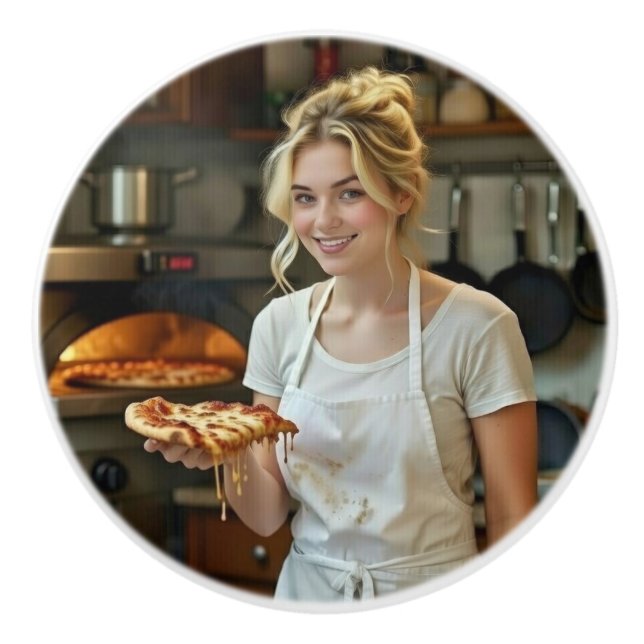 Pomo De Cerámica Foto de comer pizza personalizar (Anverso)