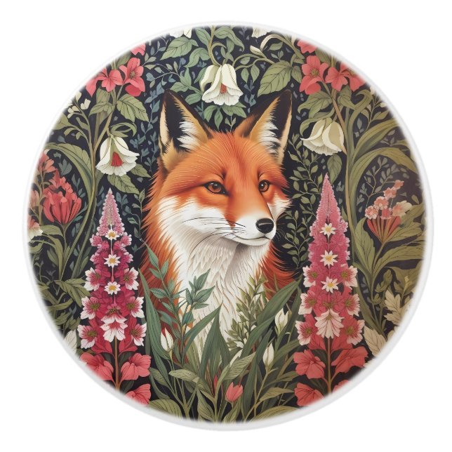 Pomo De Cerámica Fox and Foxglove Flowers William Morris Inspired (Anverso)